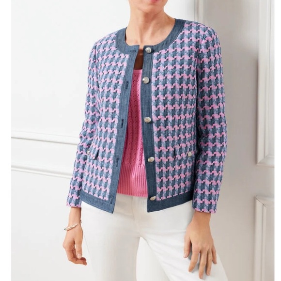 TALBOTS WOMENS DENIM TRIM BASKET TWEED JACKET 20W CREW NECK DENIM TRIMS - Picture 1 of 9